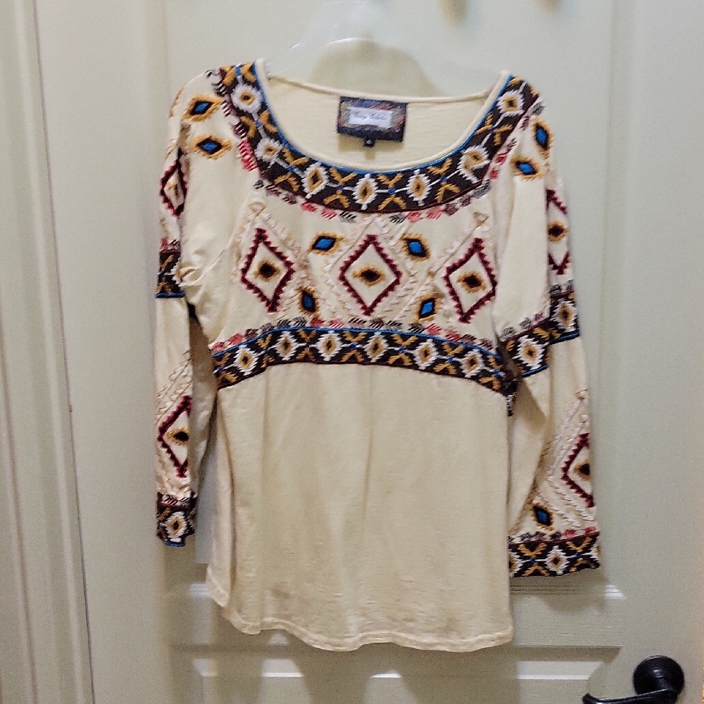 Boho Cream Long Sleeve Top with Geometric Embroidery